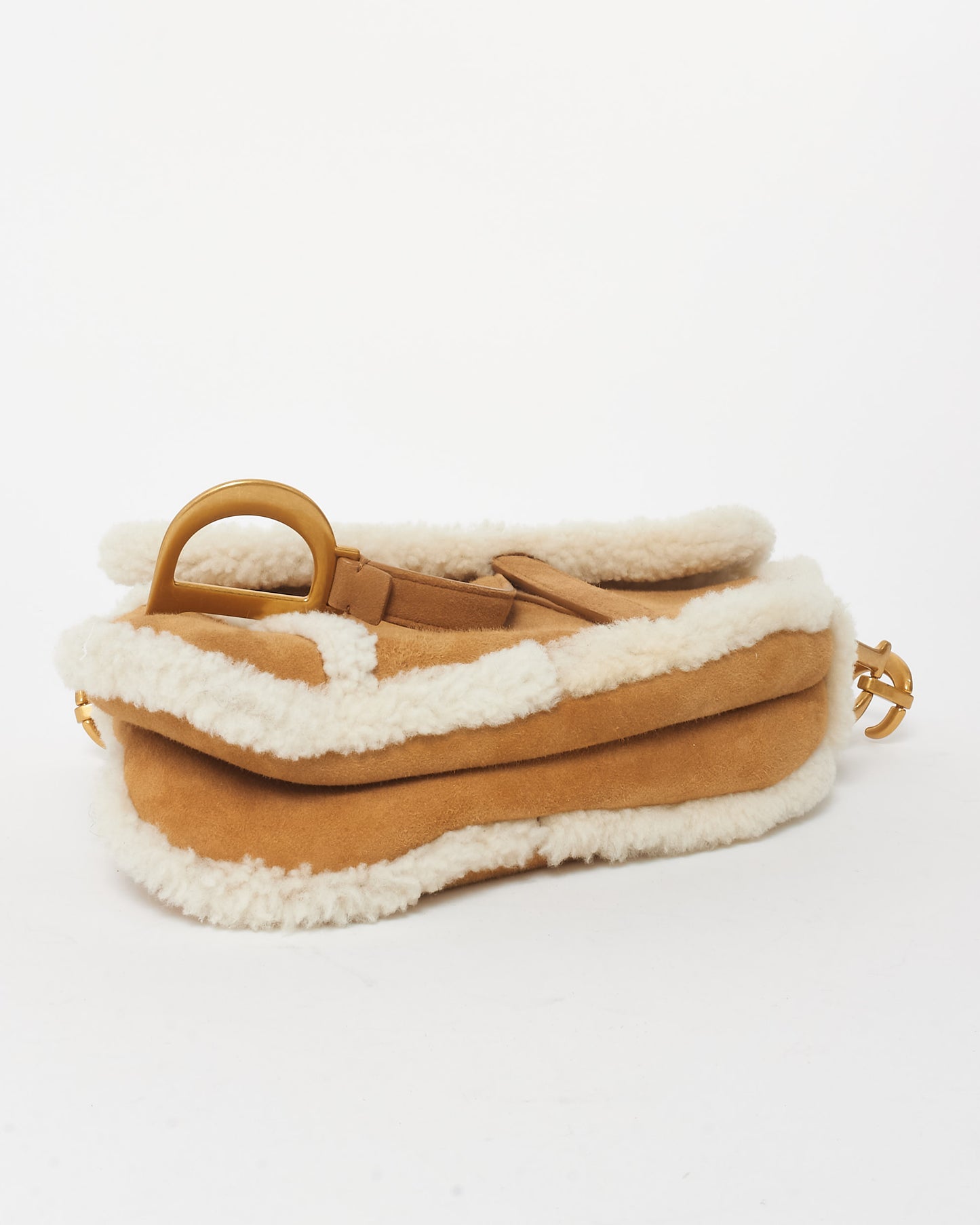 Dior Camel Brown Suede 
Shearling Saddle Bag W/ Logo Embroidered Strap