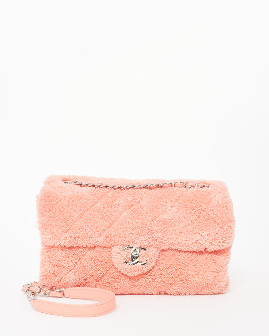 Chanel Pink Terry Cloth Shearling Single Flap Bag