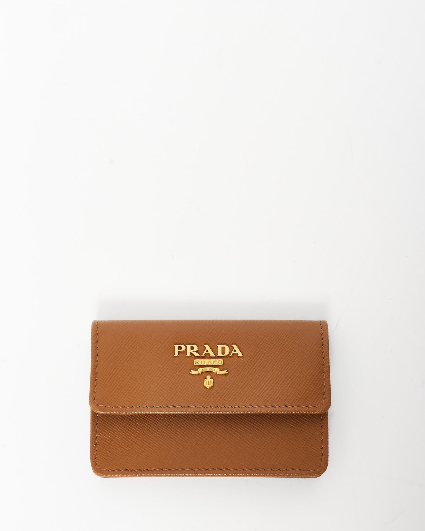 Prada Camel Saffiano Leather Logo Flap Card Holder