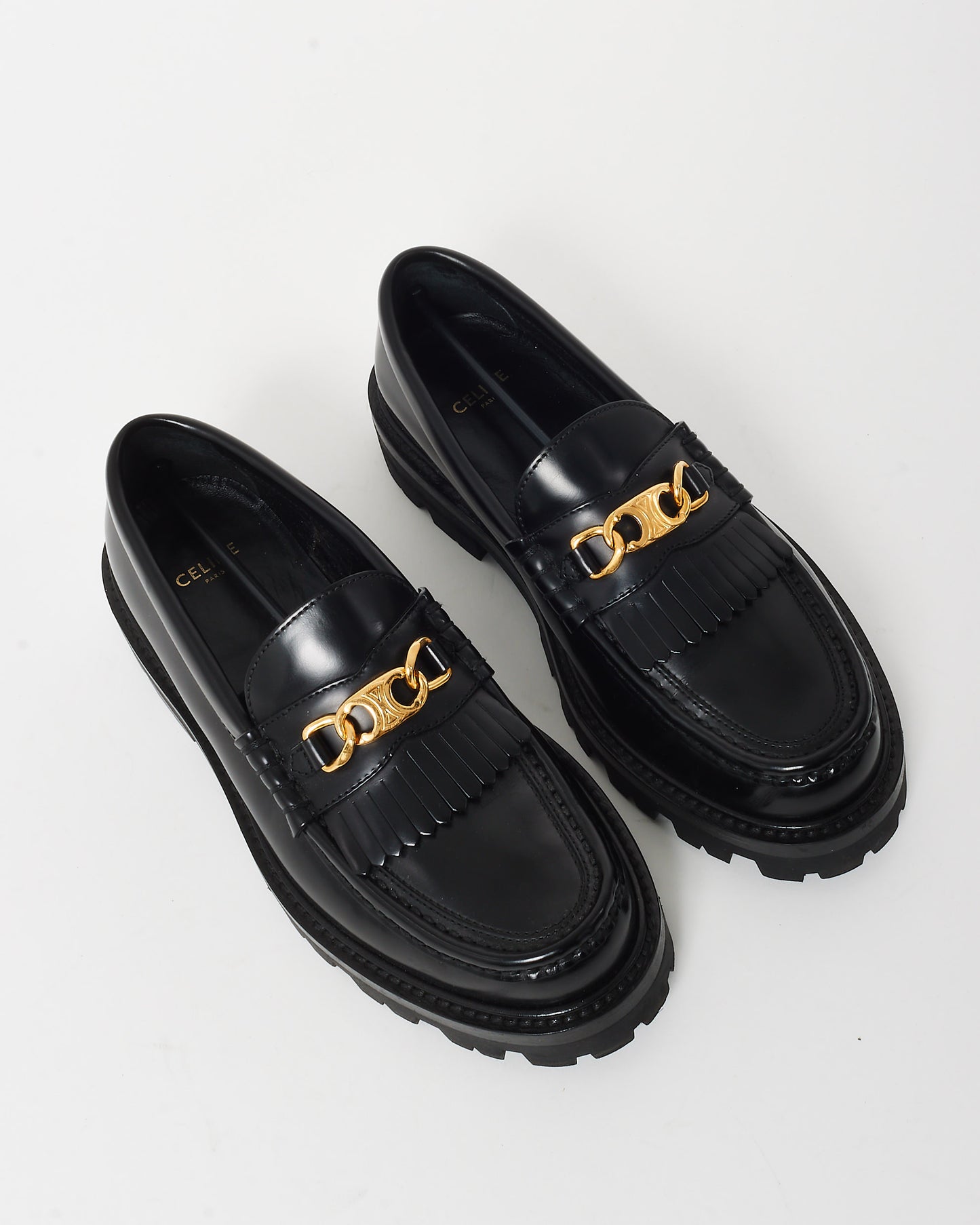 Celine Black Leather Triomphe Logo Margaret Loafers - 36.5