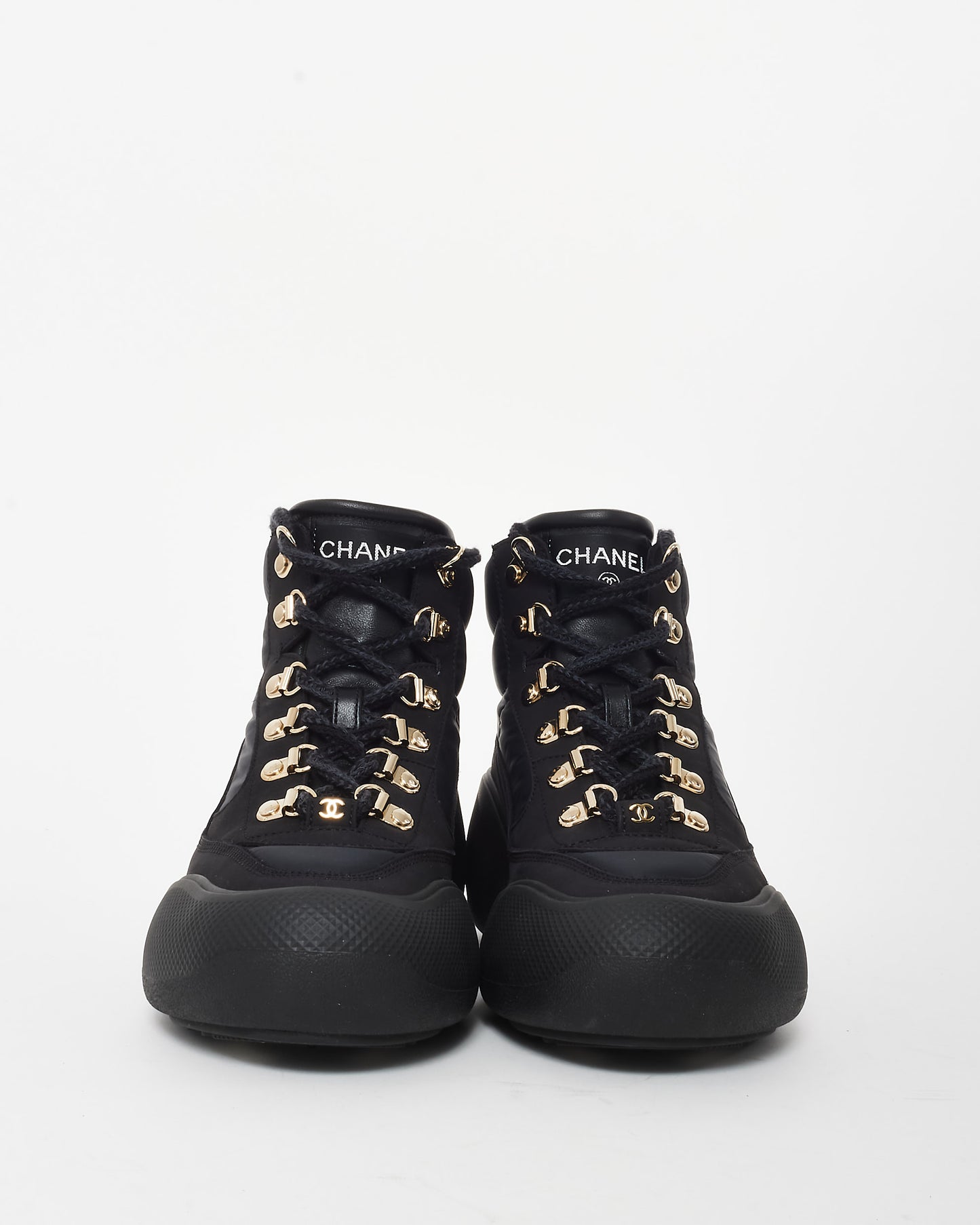 Chanel Black Nylon CC Lace Up Ankle Snow Boots - 36