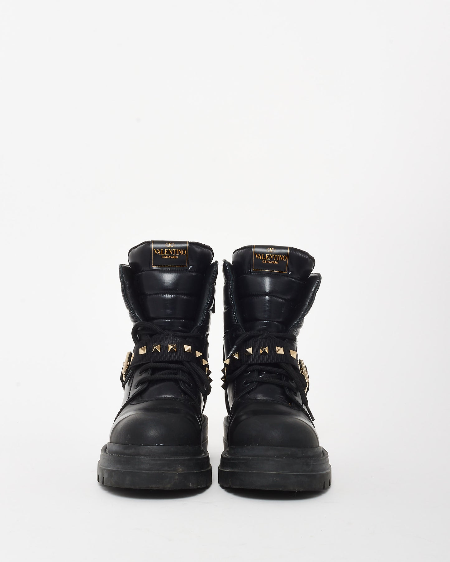 Valentino Black Leather Waterproof Rockstud Moto Combat Boots - 36