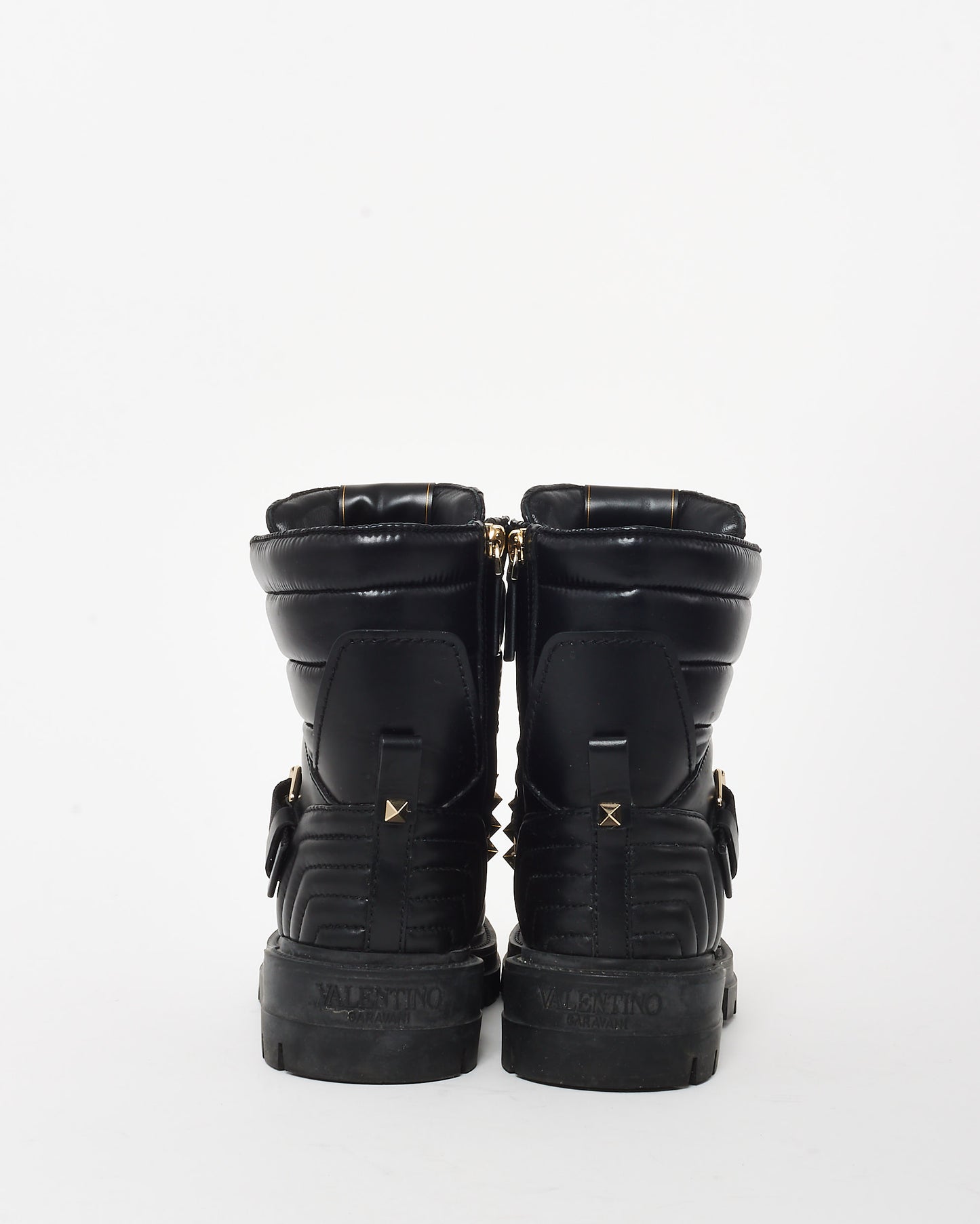 Valentino Black Leather Waterproof Rockstud Moto Combat Boots - 36