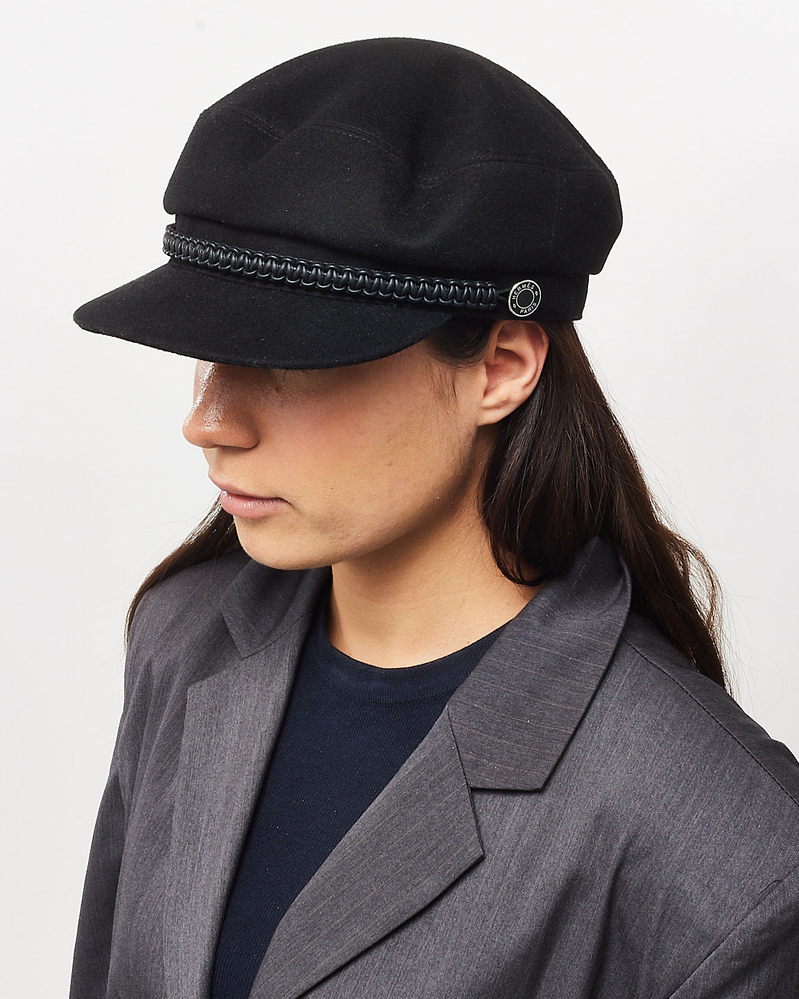 Hermès Black Braided Trim Cashmere Deauville Cap - 58