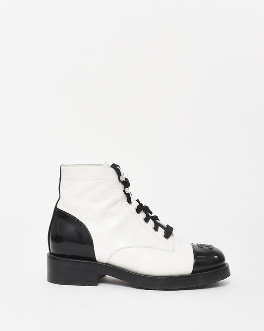 Chanel White Leather 
Black Cap Toe Combat Boots - 37.5