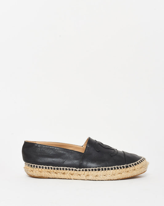 Chanel Black Leather Logo Espadrilles - 38