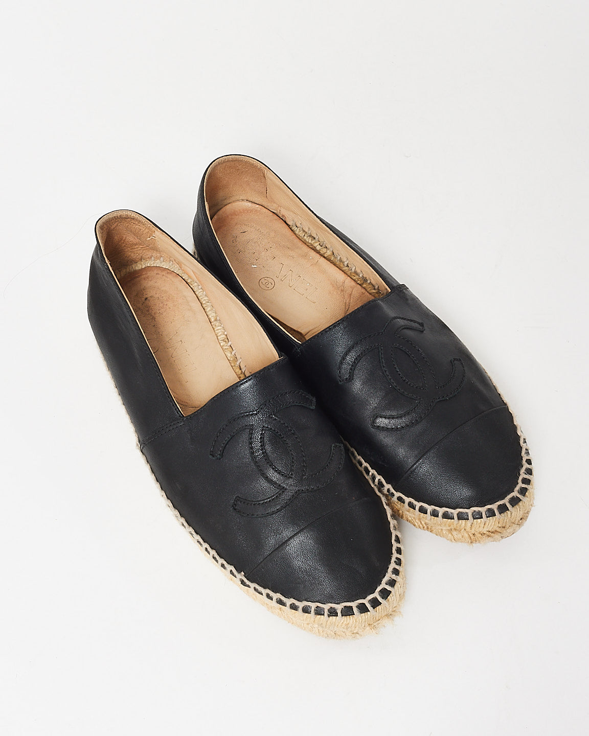 Chanel Black Leather Logo Espadrilles - 38