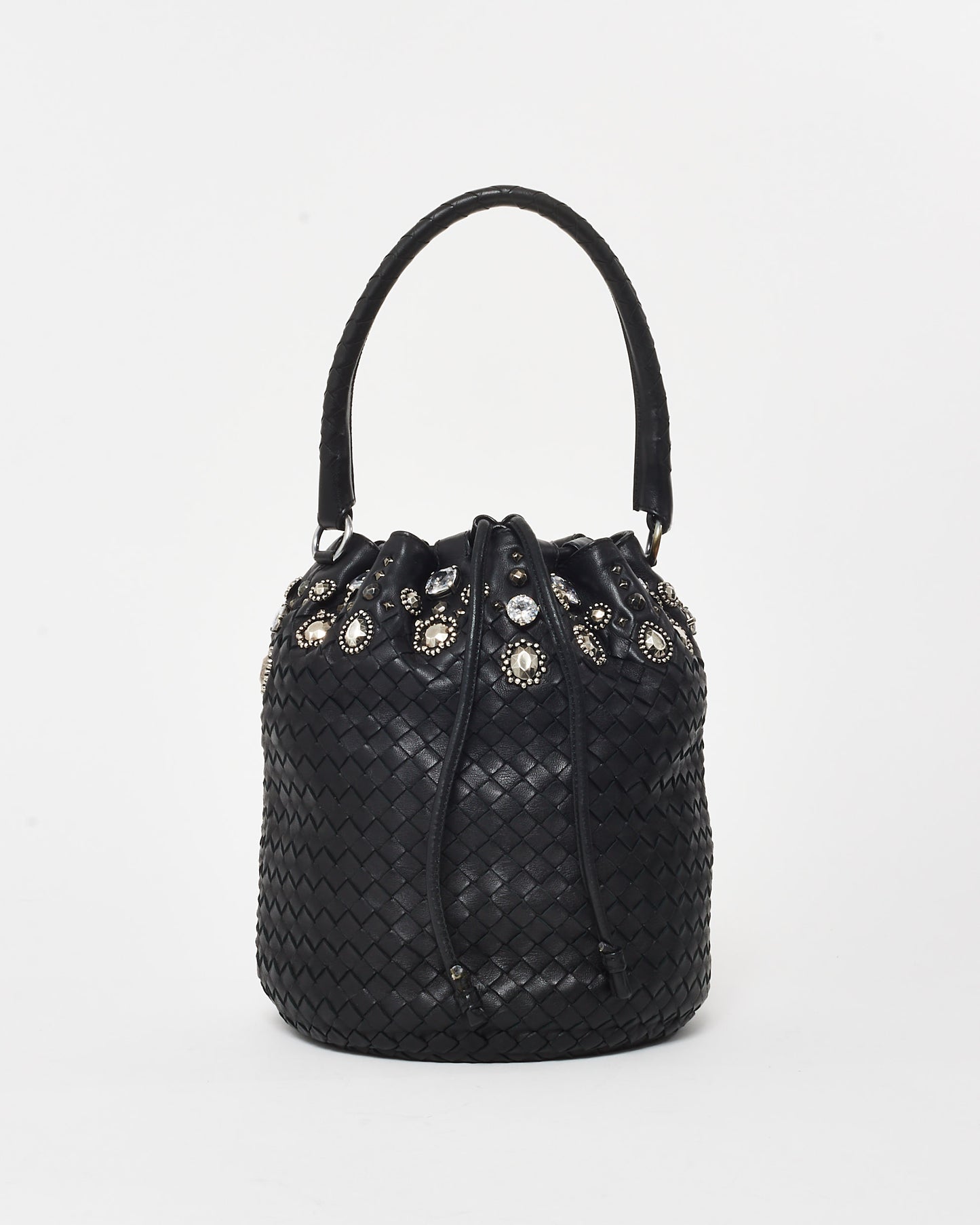 Bottega Veneta Vintage Black Intrecciato Leather Embellished Bucket Bag