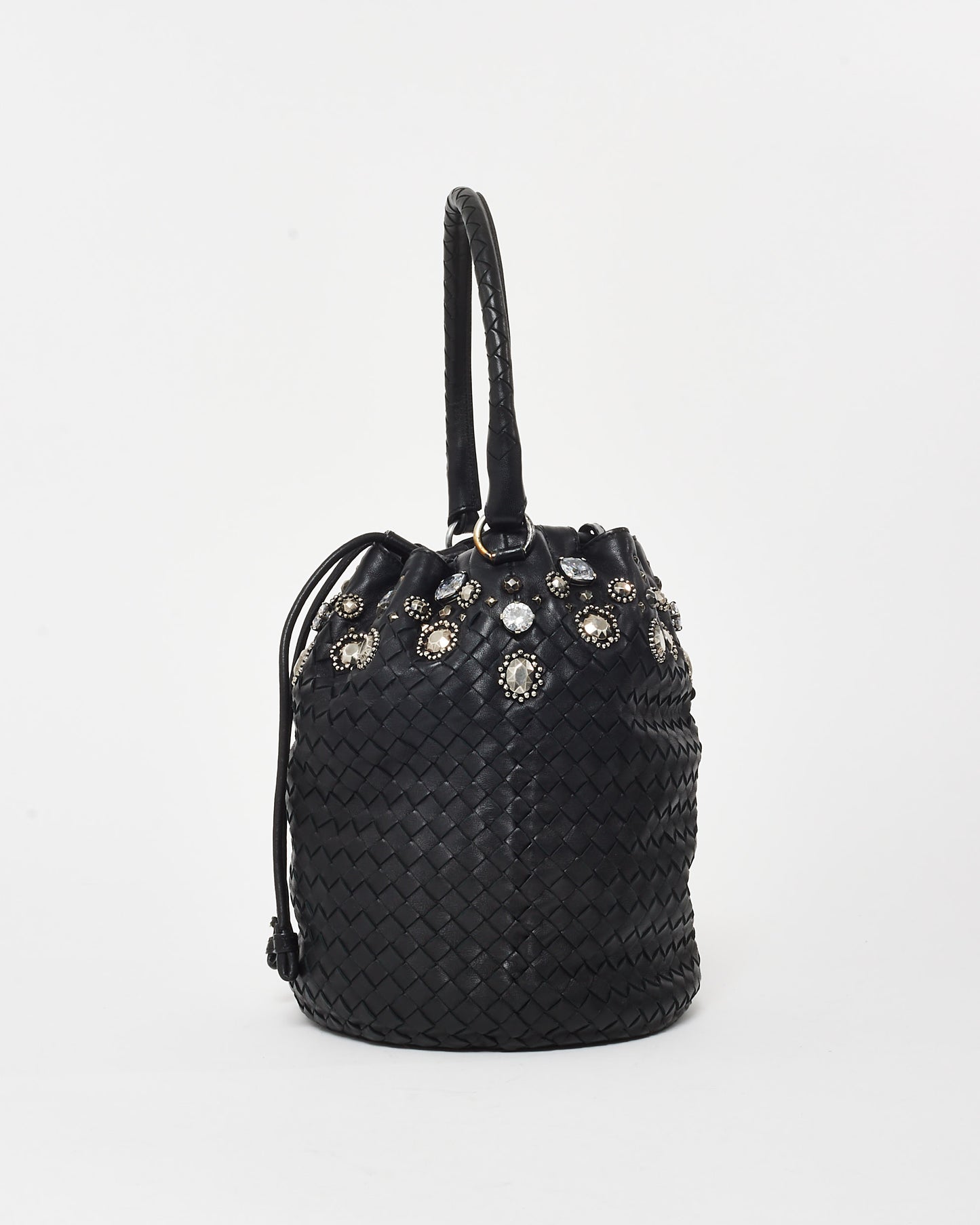 Bottega Veneta Vintage Black Intrecciato Leather Embellished Bucket Bag