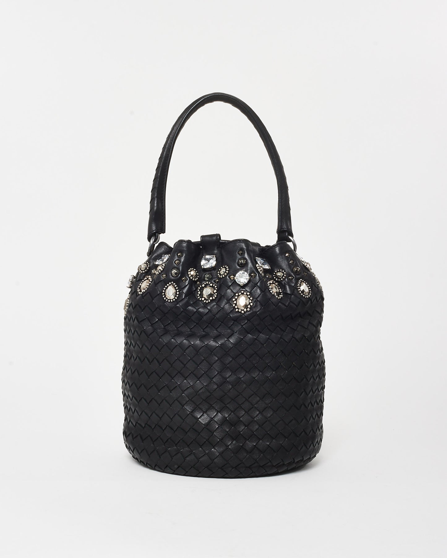 Bottega Veneta Vintage Black Intrecciato Leather Embellished Bucket Bag