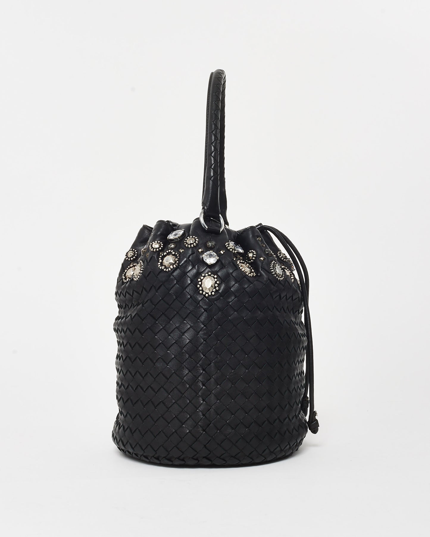 Bottega Veneta Vintage Black Intrecciato Leather Embellished Bucket Bag