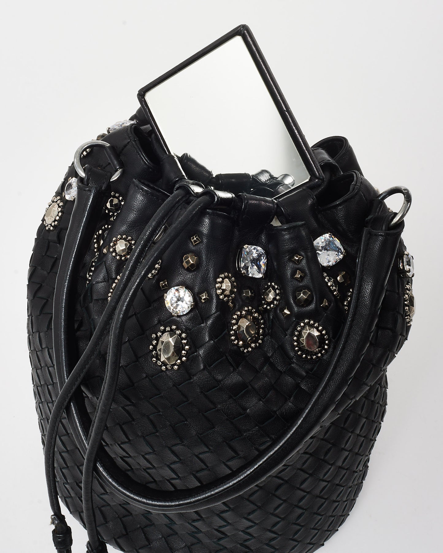 Bottega Veneta Vintage Black Intrecciato Leather Embellished Bucket Bag