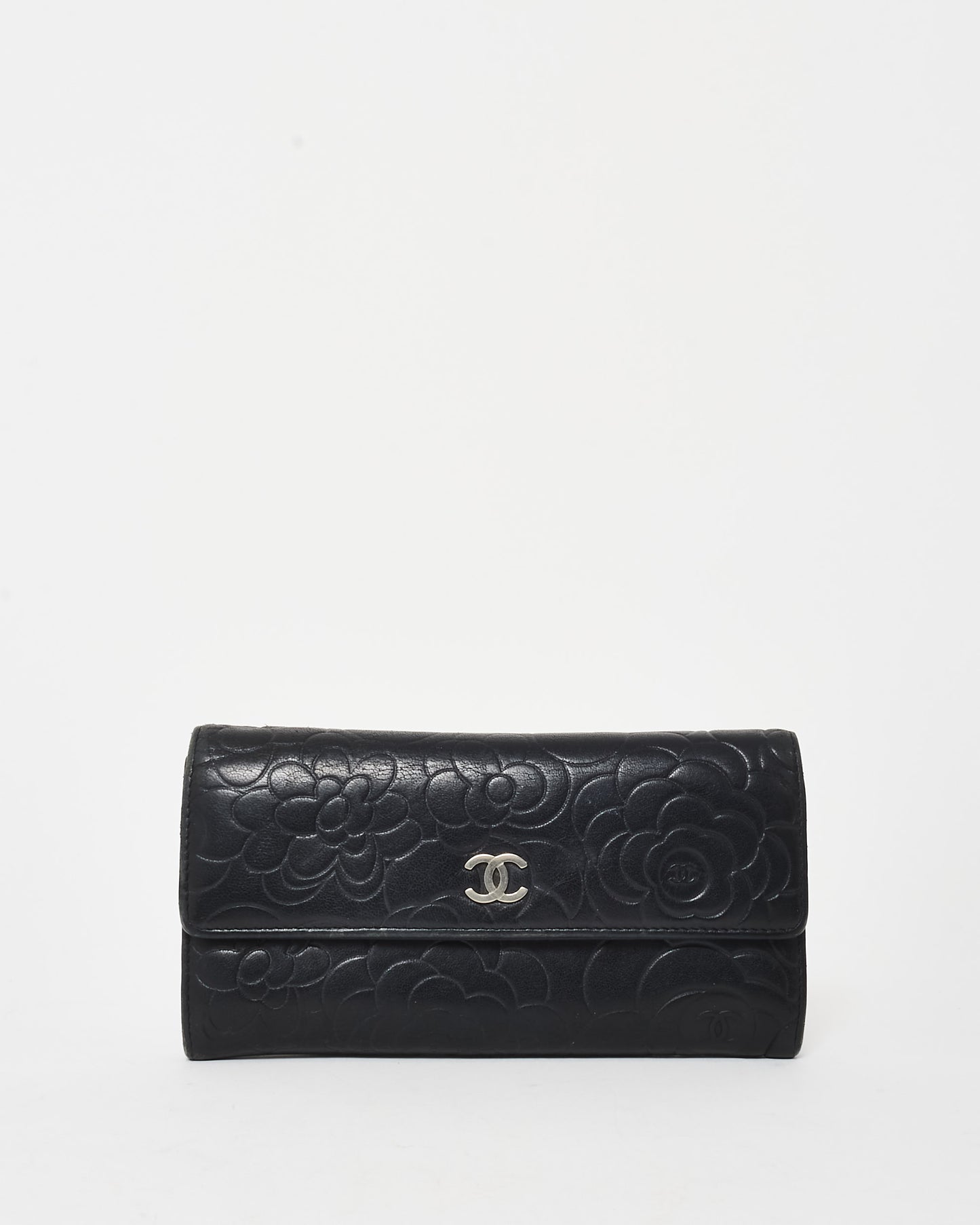 Chanel Black Lambskin Leather Camelia Flap Wallet