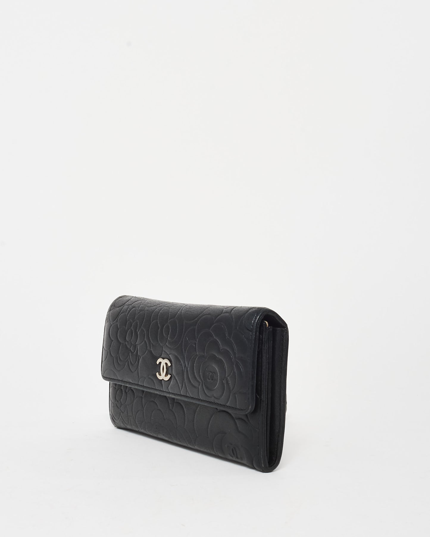 Chanel Black Lambskin Leather Camelia Flap Wallet