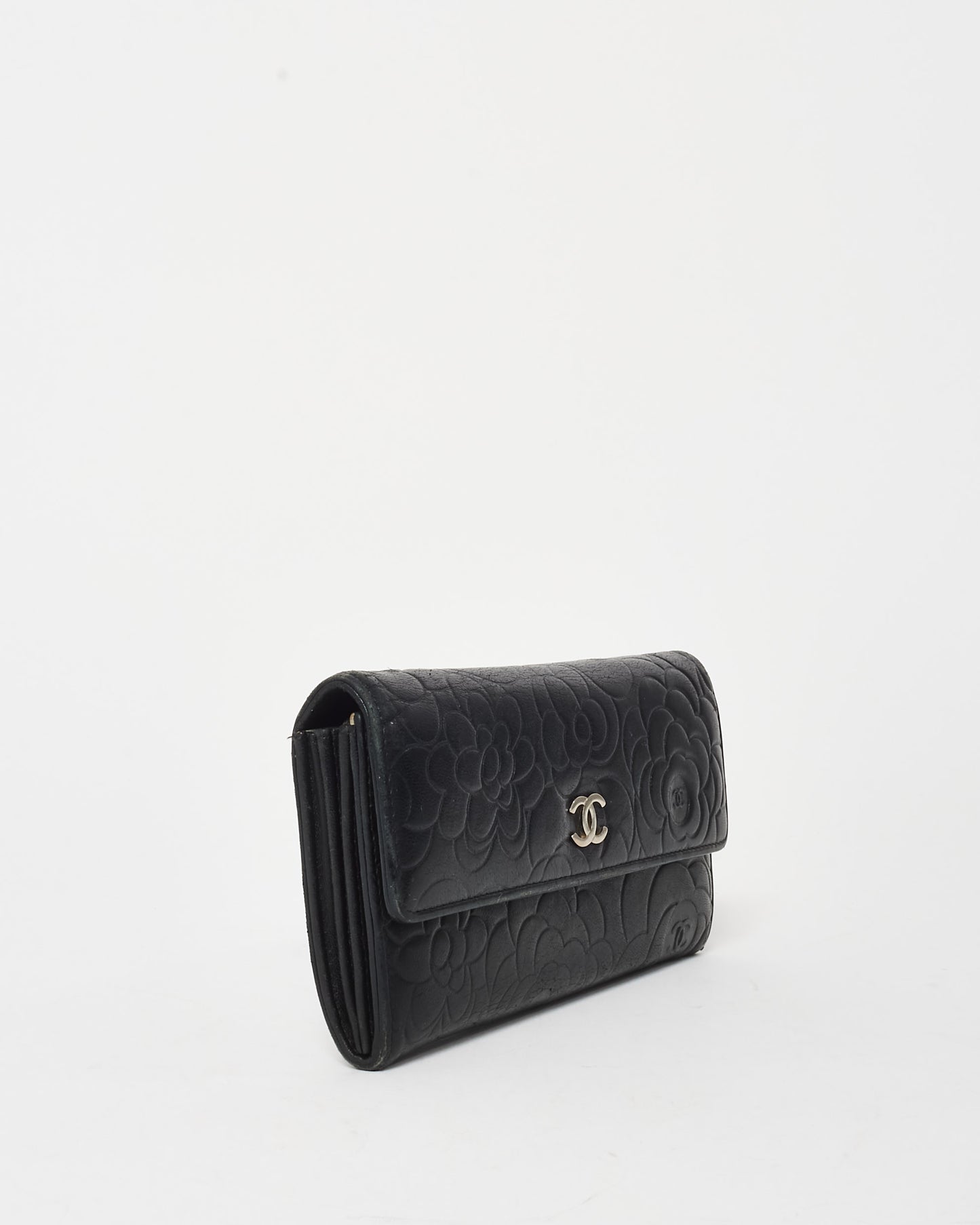 Chanel Black Lambskin Leather Camelia Flap Wallet