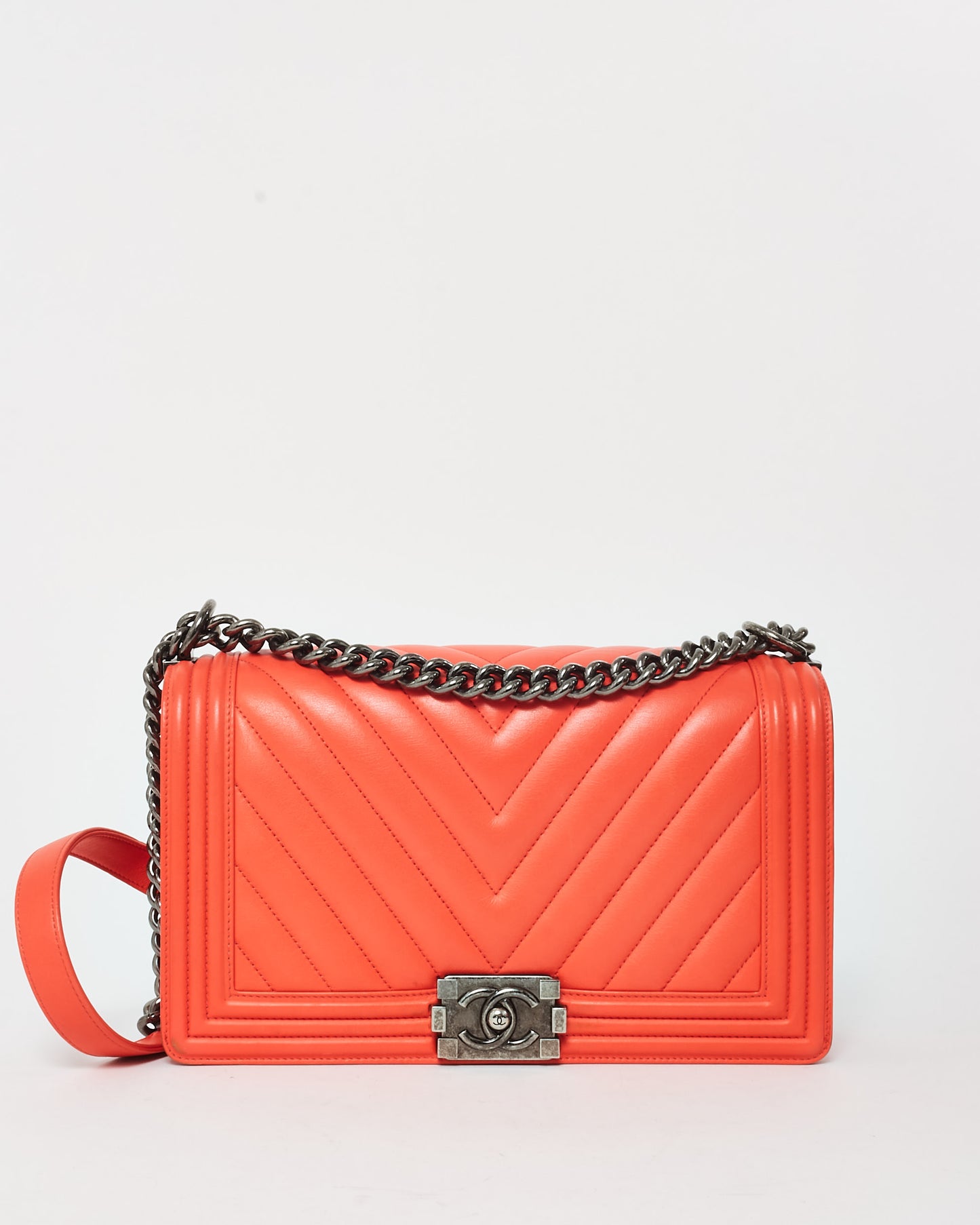 Chanel Coral Chevron Lambskin Leather GMHW Medium Boy Bag