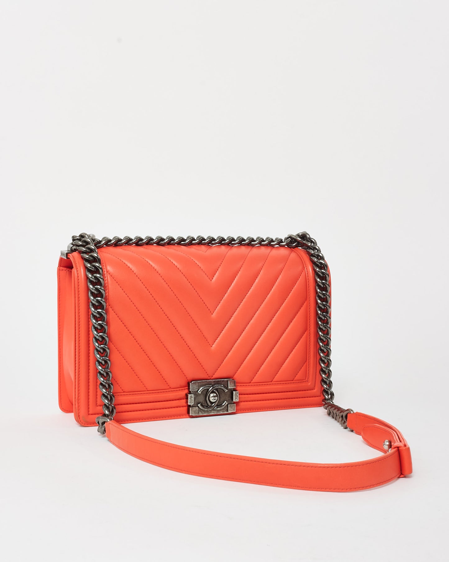 Chanel Coral Chevron Lambskin Leather GMHW Medium Boy Bag