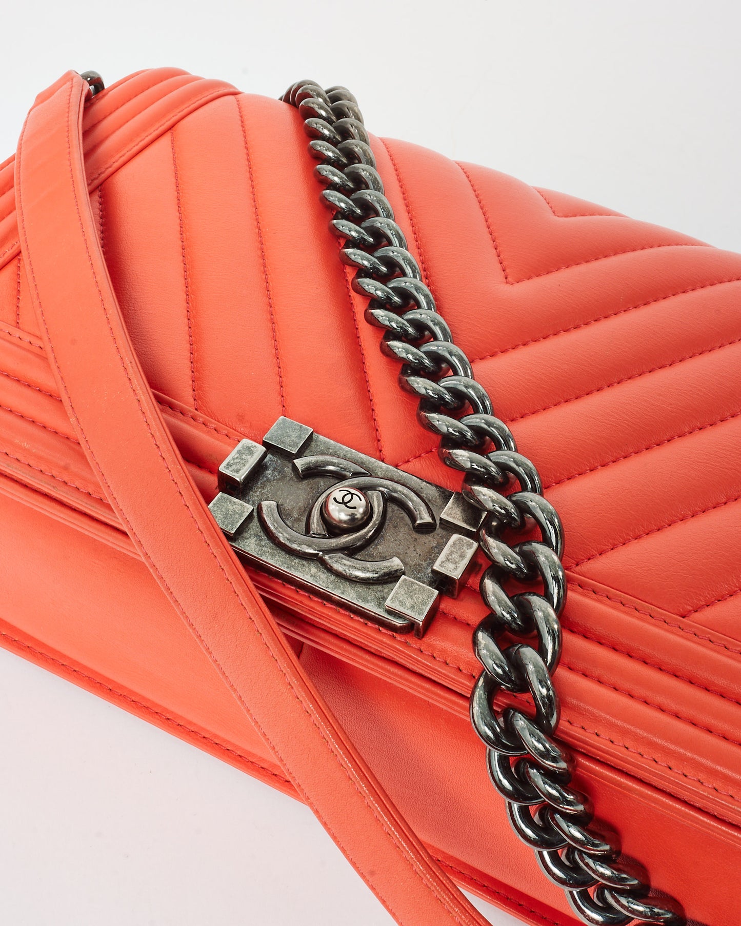 Chanel Coral Chevron Lambskin Leather GMHW Medium Boy Bag