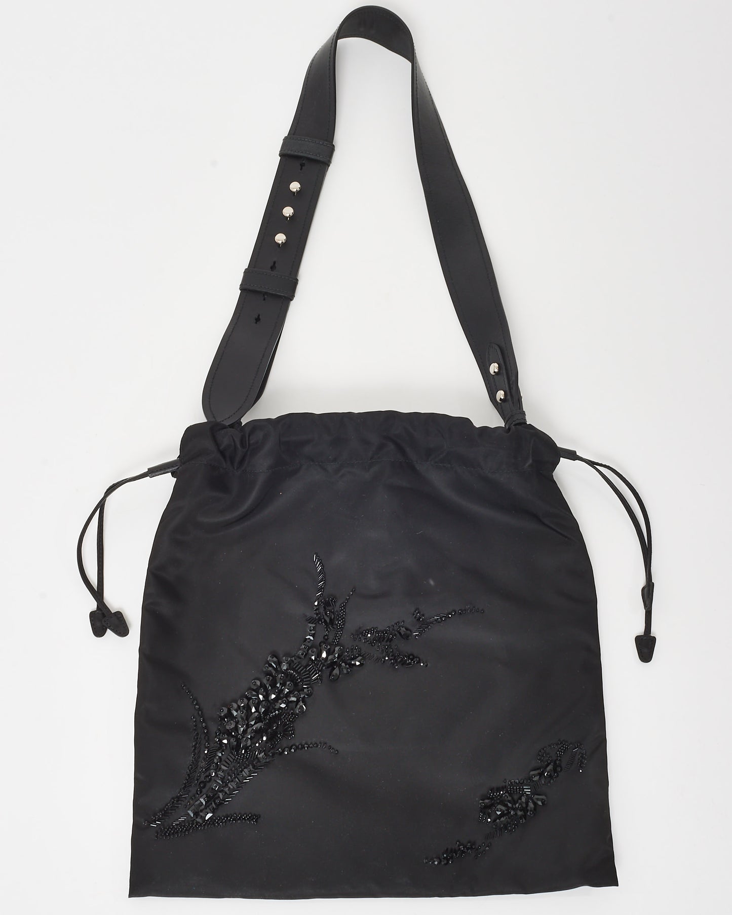 Prada Black Nylon Embellished Drawstring Logo Tote Bag