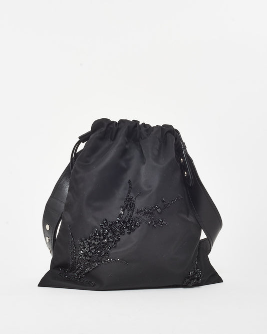 Prada Black Nylon Embellished Drawstring Logo Tote Bag