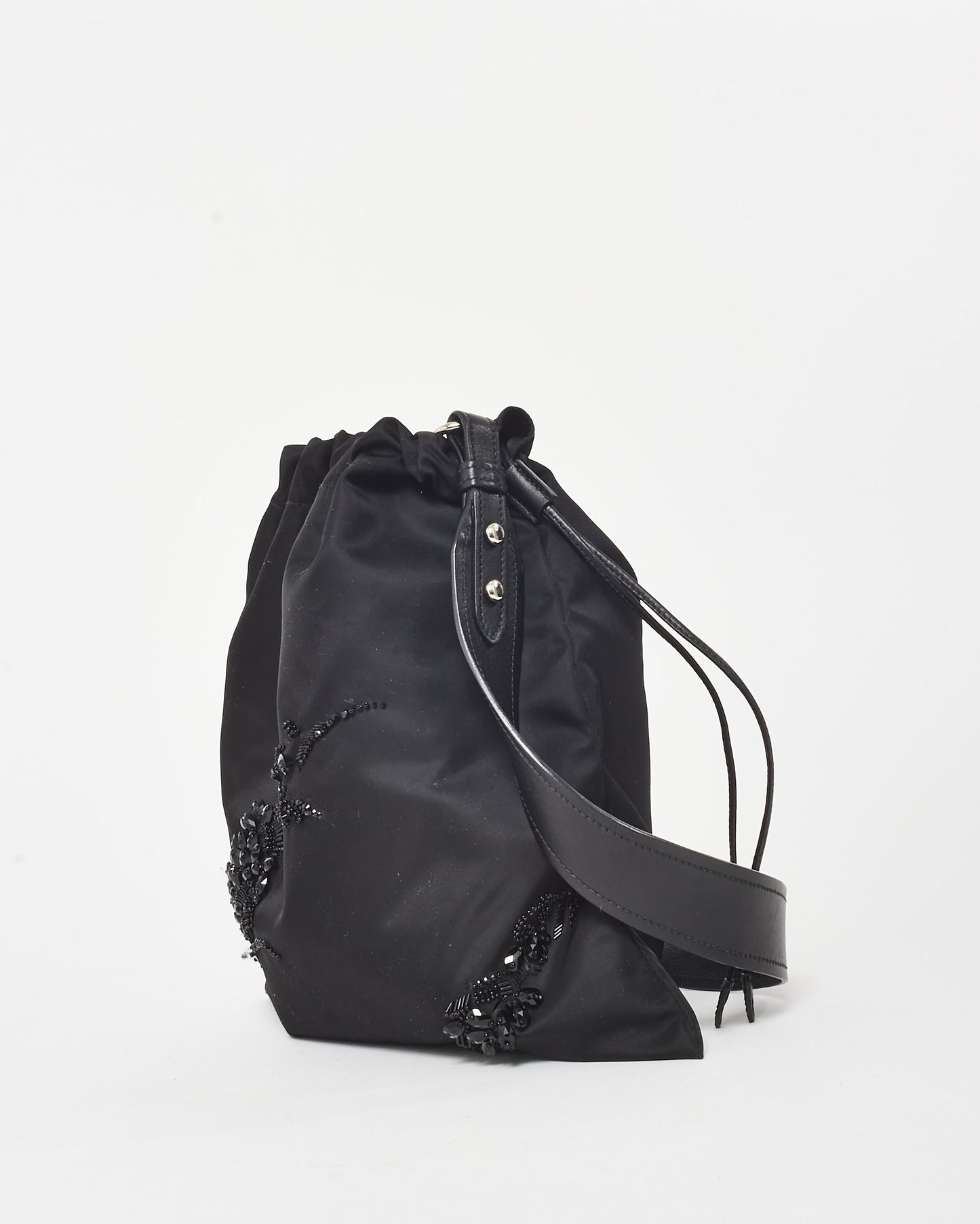 Prada Black Nylon Embellished Drawstring Logo Tote Bag