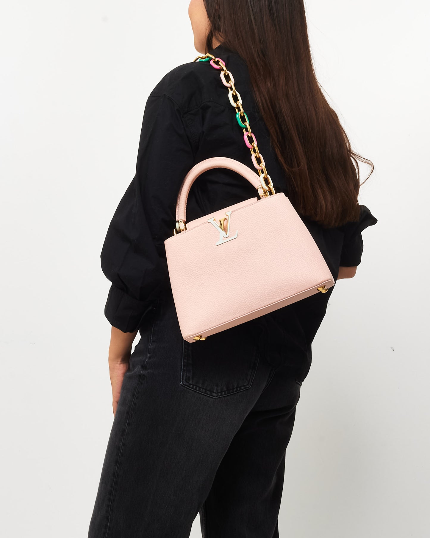 Louis Vuitton Light Pink Grained Leather Capucines BB Bag