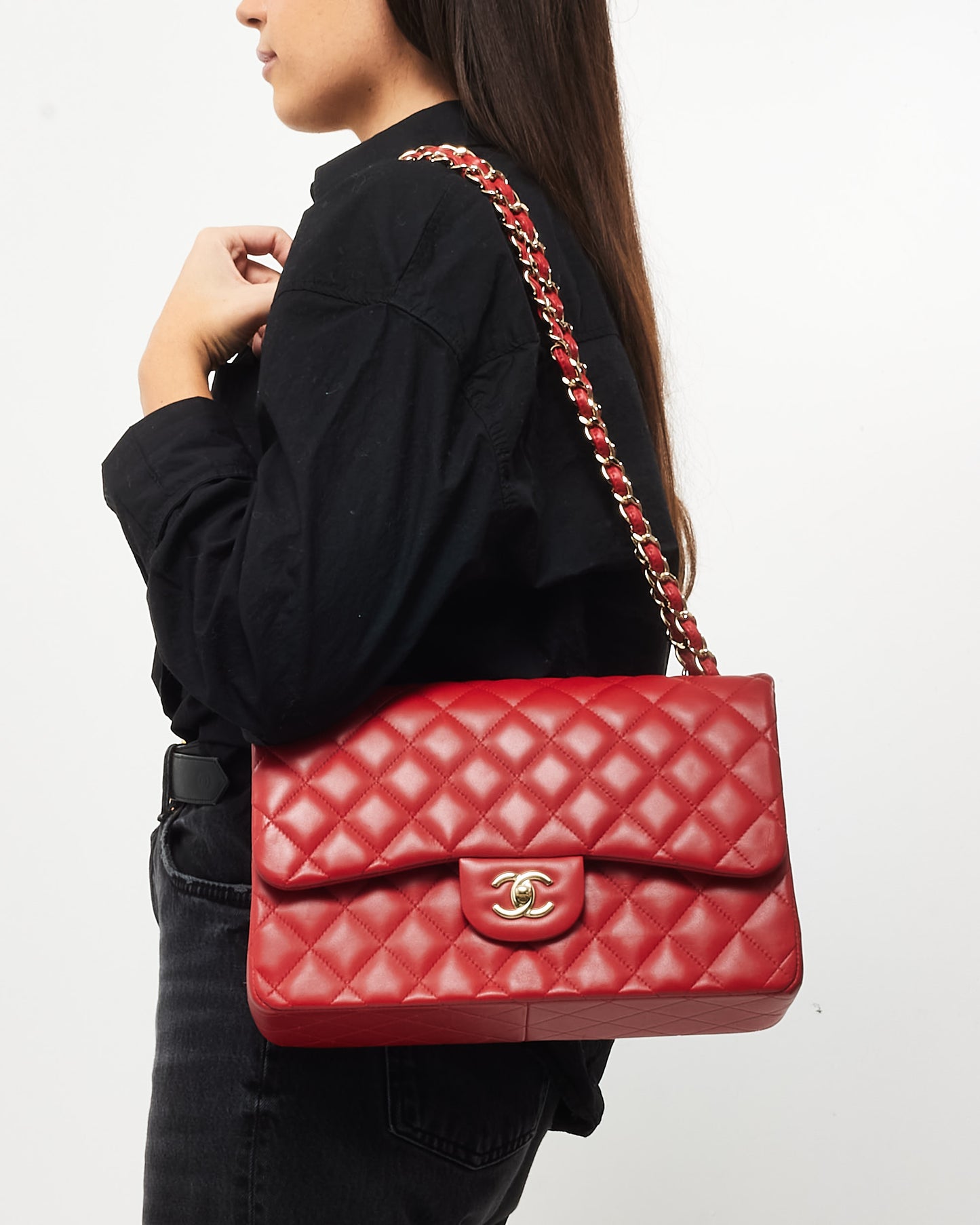 Chanel Red Lambskin Leather CPHW Jumbo Classic Double Flap Bag