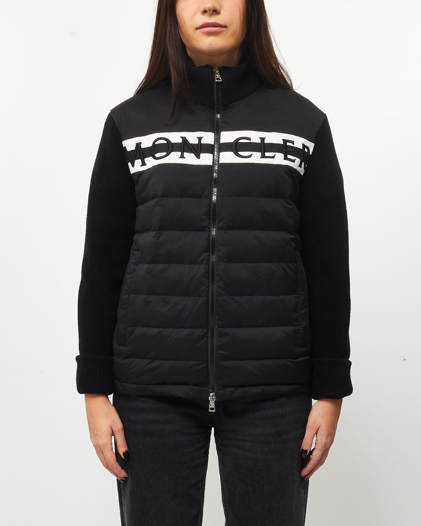 Moncler Black Knit 
Nylon White Logo Jacket - L