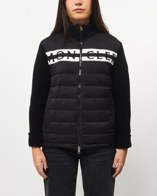 Moncler Black Knit 
Nylon White Logo Jacket - L