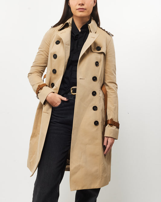 Burberry Beige Trench Coat W/ Brown Leather Detailing - 38