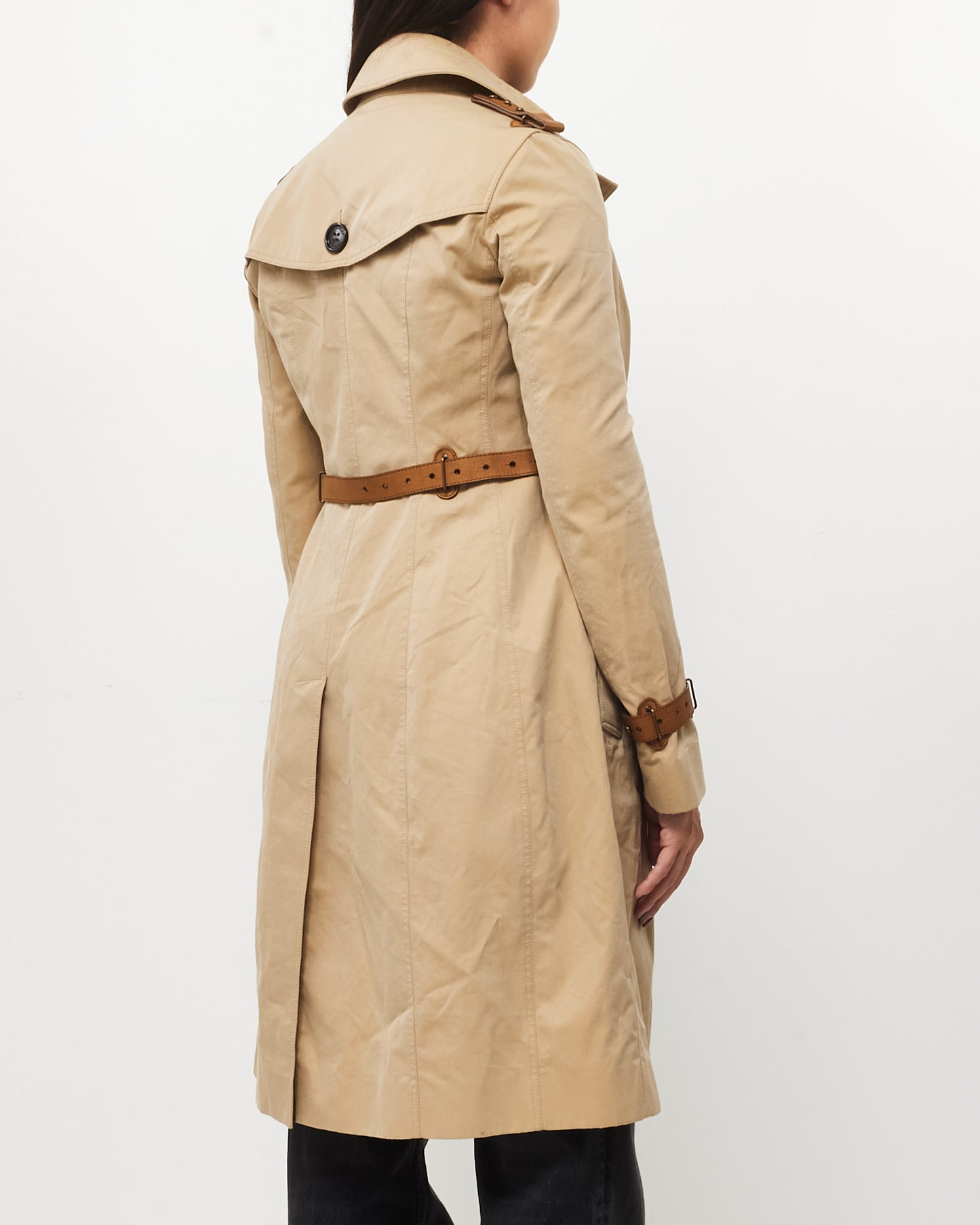 Burberry Beige Trench Coat W/ Brown Leather Detailing - 38