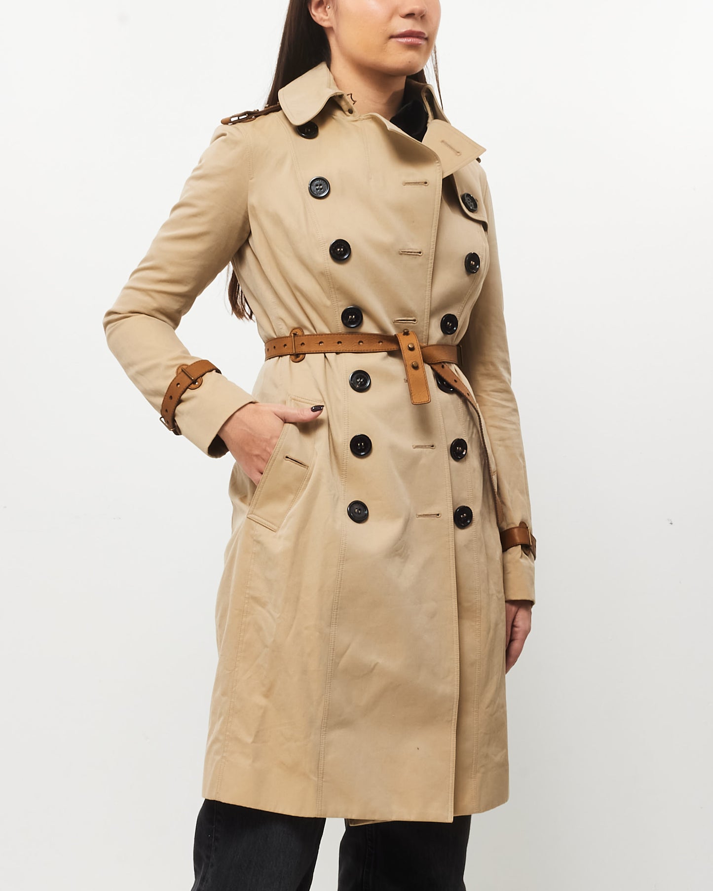 Burberry Beige Trench Coat W/ Brown Leather Detailing - 38