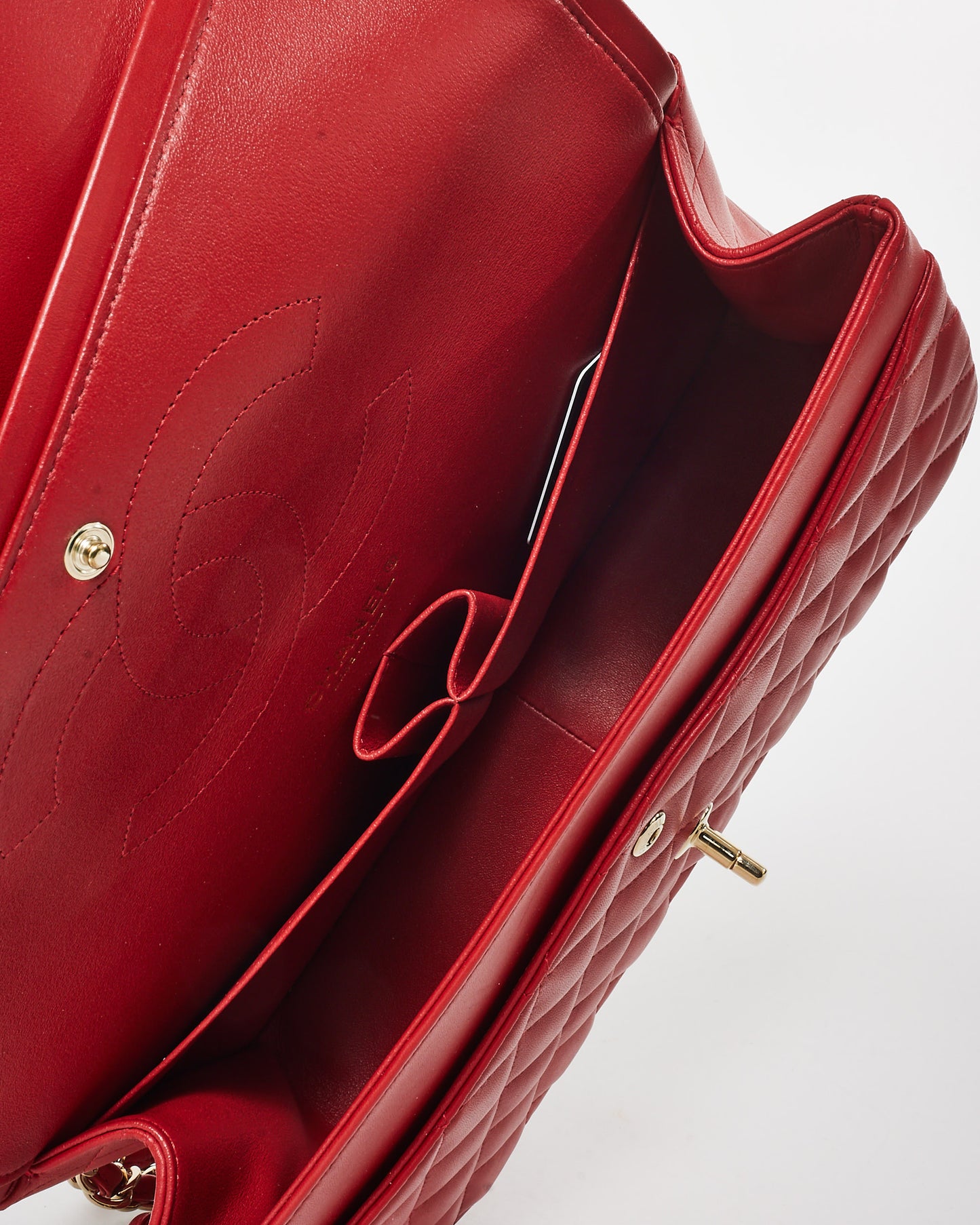 Chanel Red Lambskin Leather CPHW Jumbo Classic Double Flap Bag