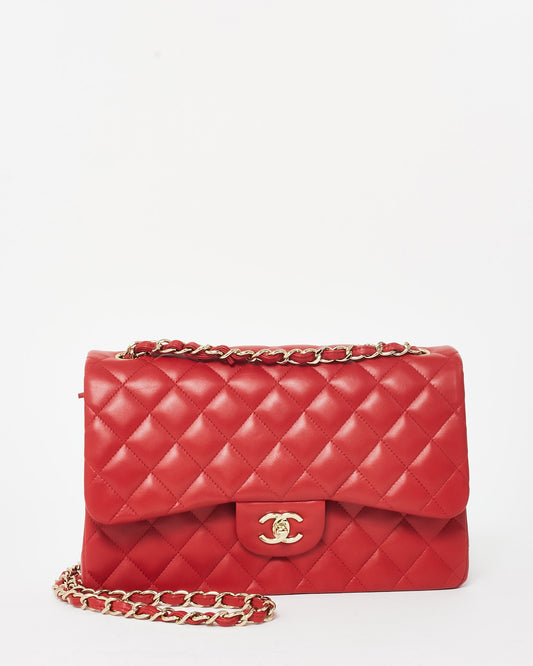 Chanel Red Lambskin Leather CPHW Jumbo Classic Double Flap Bag