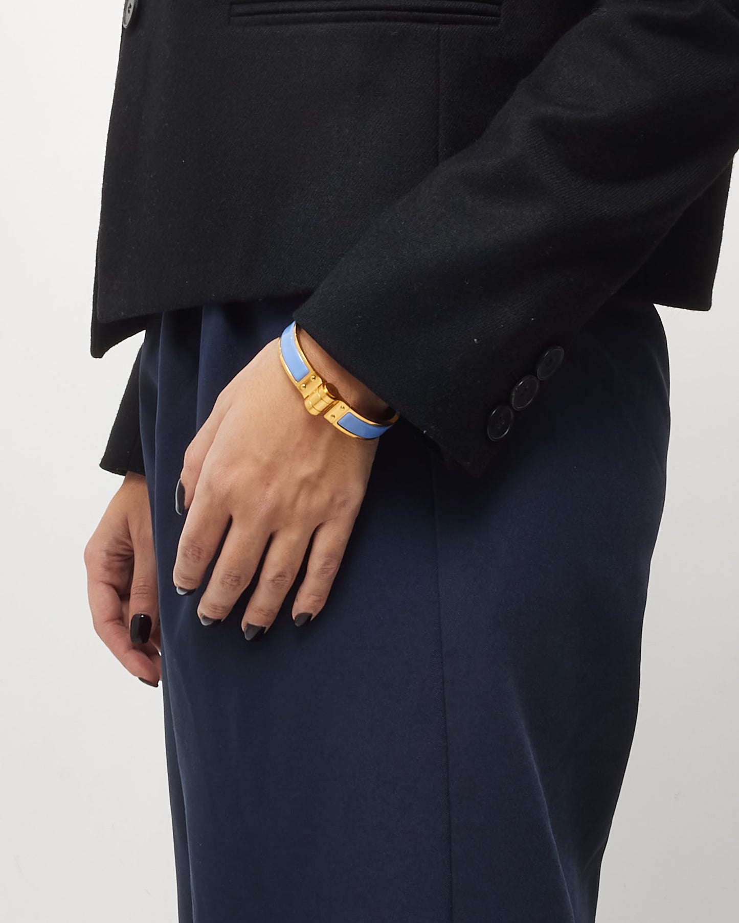 Hermès Baby Blue Enamel 
Gold Hinged Bracelet - GM