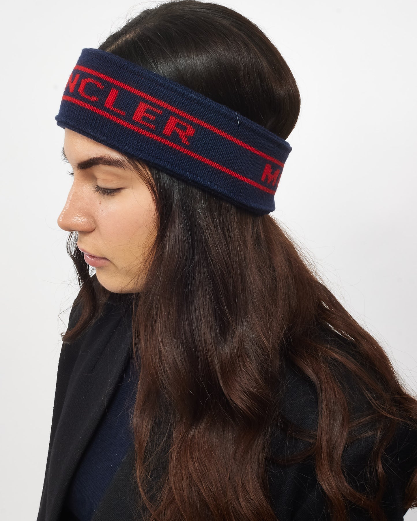 Moncler Navy Blue and Red Wool Headband and Fingerless Mittens Set