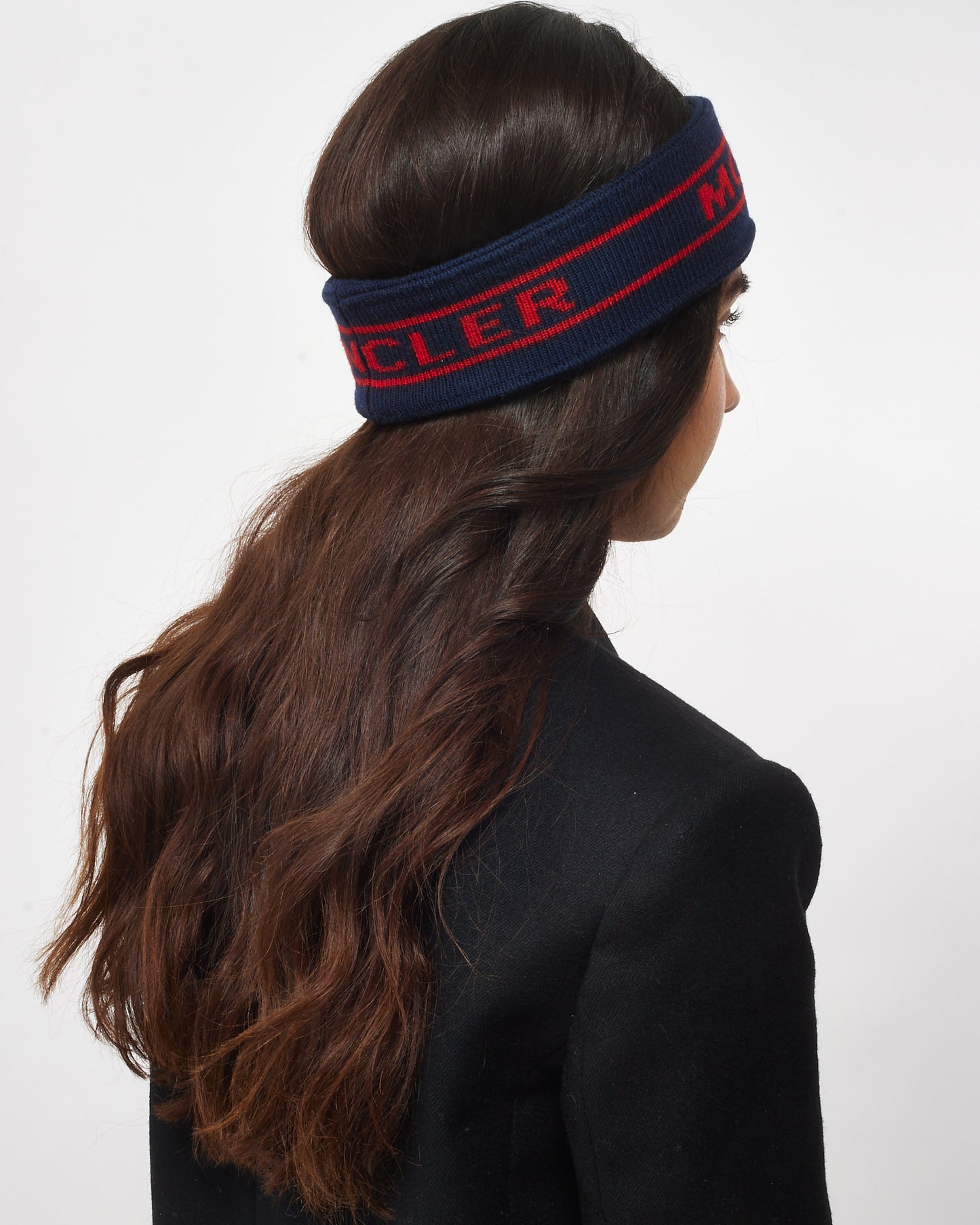 Moncler Navy Blue and Red Wool Headband and Fingerless Mittens Set