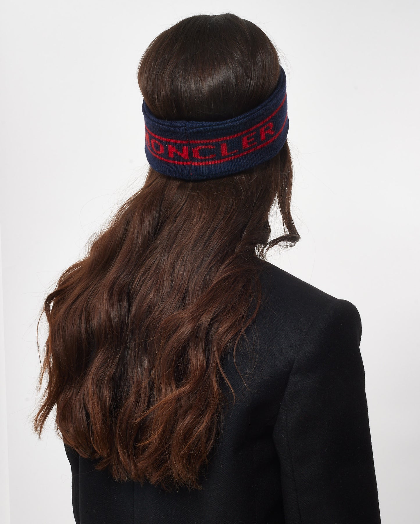 Moncler Navy Blue and Red Wool Headband and Fingerless Mittens Set