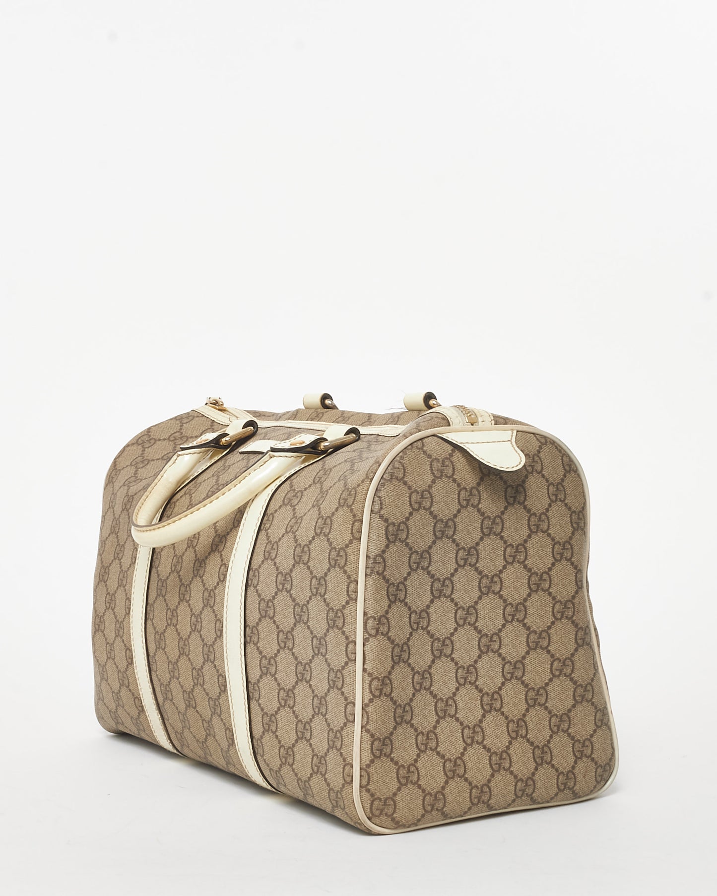 Gucci White and Beige GG Supreme Coated Canvas Joy Duffle Boston Bag