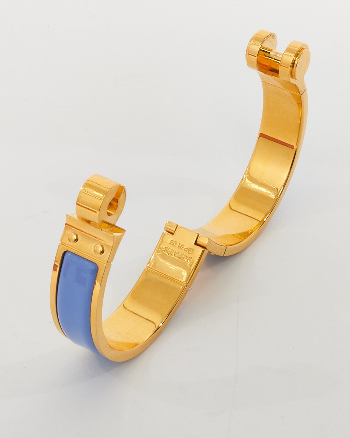 Hermès Baby Blue Enamel 
Gold Hinged Bracelet - GM