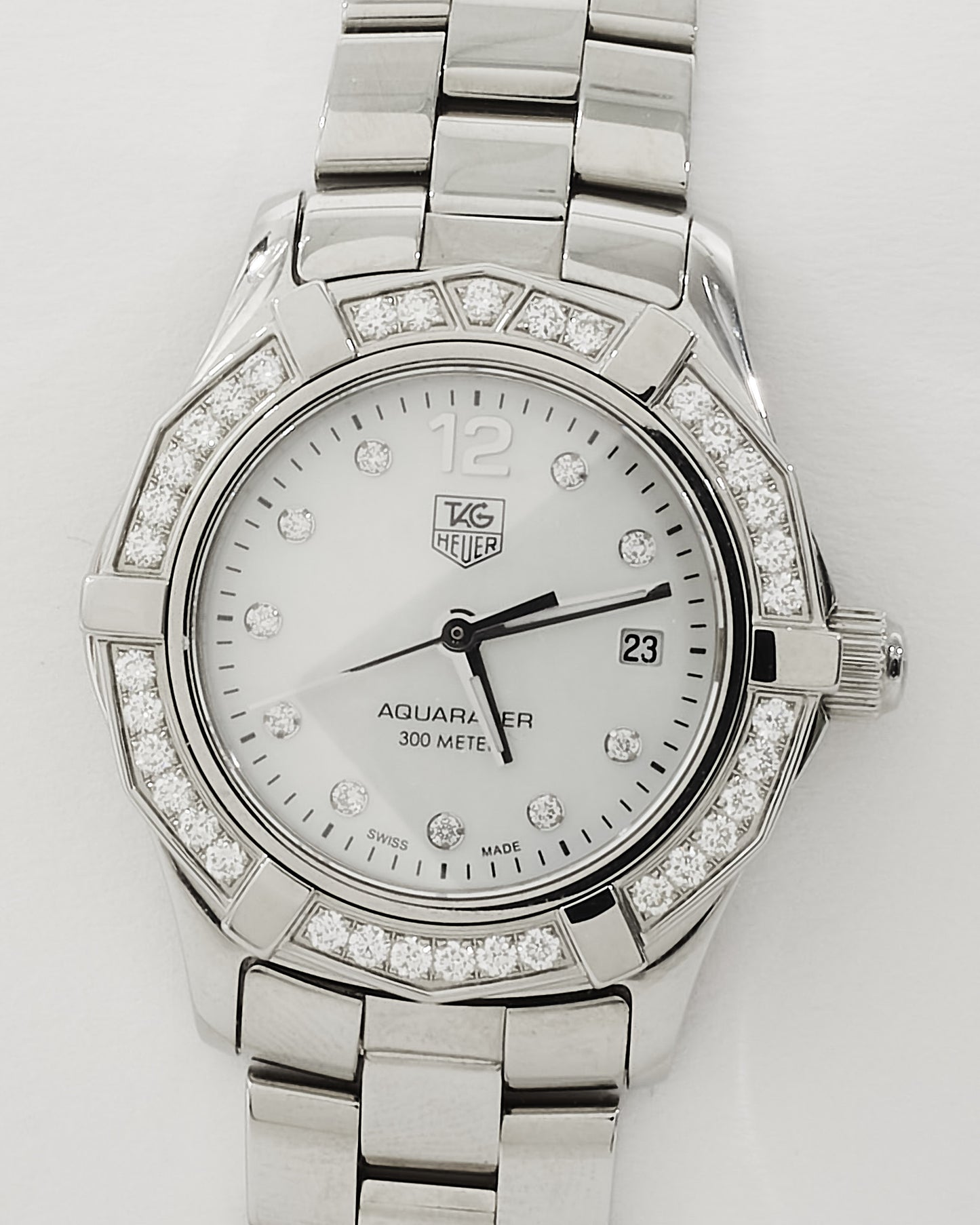 Tag Heuer White Mother Of Pearl Dial 
Diamond Aqua Racer 27MM Watch