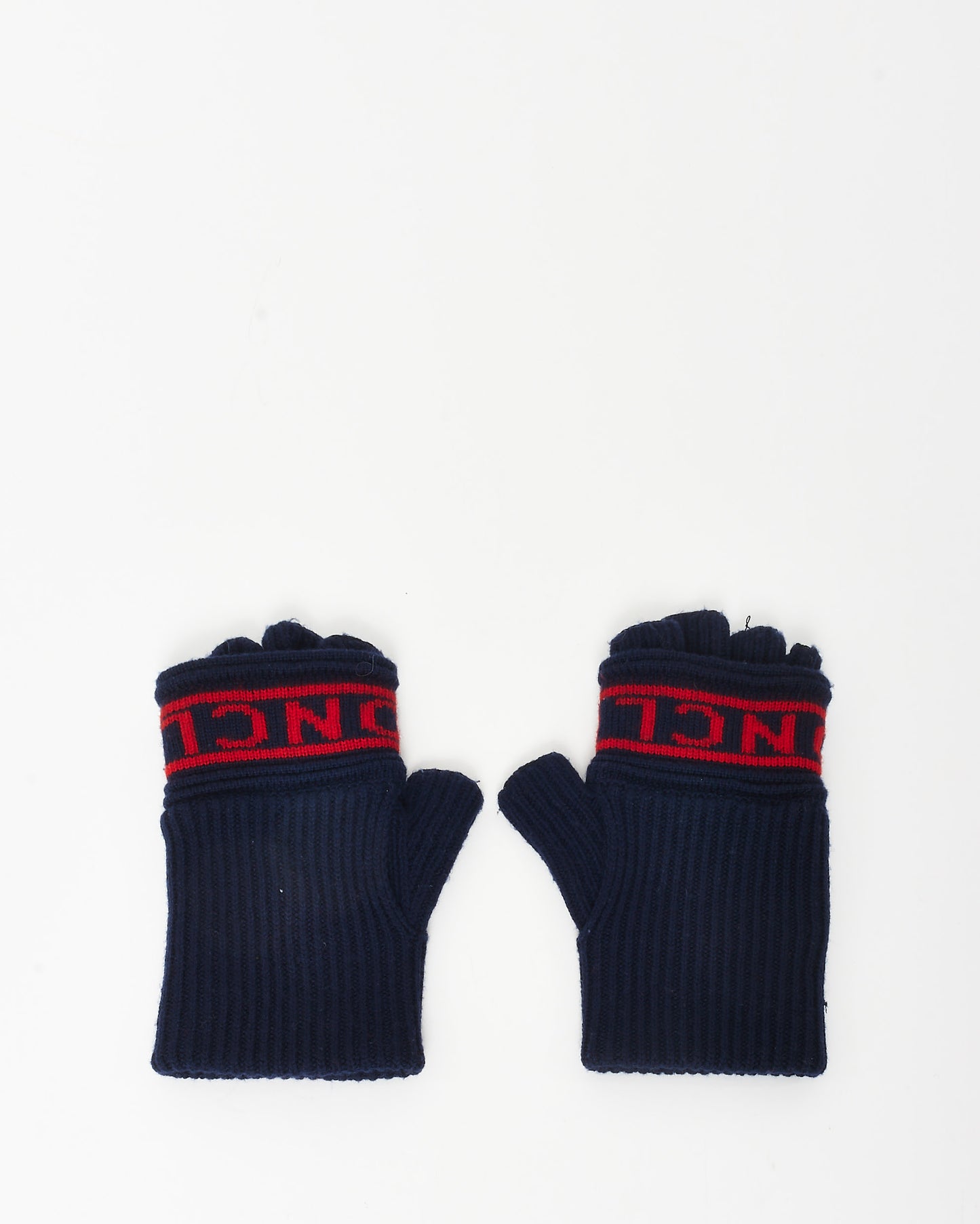 Moncler Navy Blue and Red Wool Headband and Fingerless Mittens Set