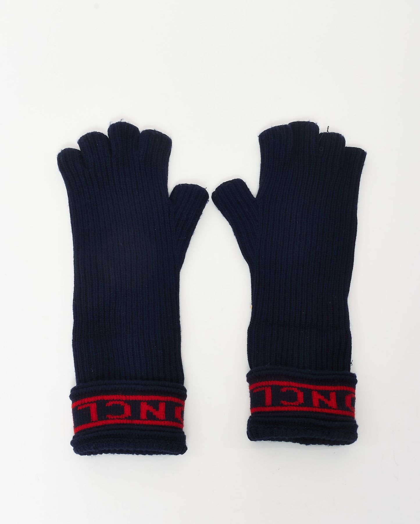 Moncler Navy Blue and Red Wool Headband and Fingerless Mittens Set