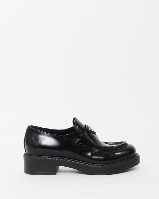 Prada Black Brushed Leather Chocolate Loafers - 36