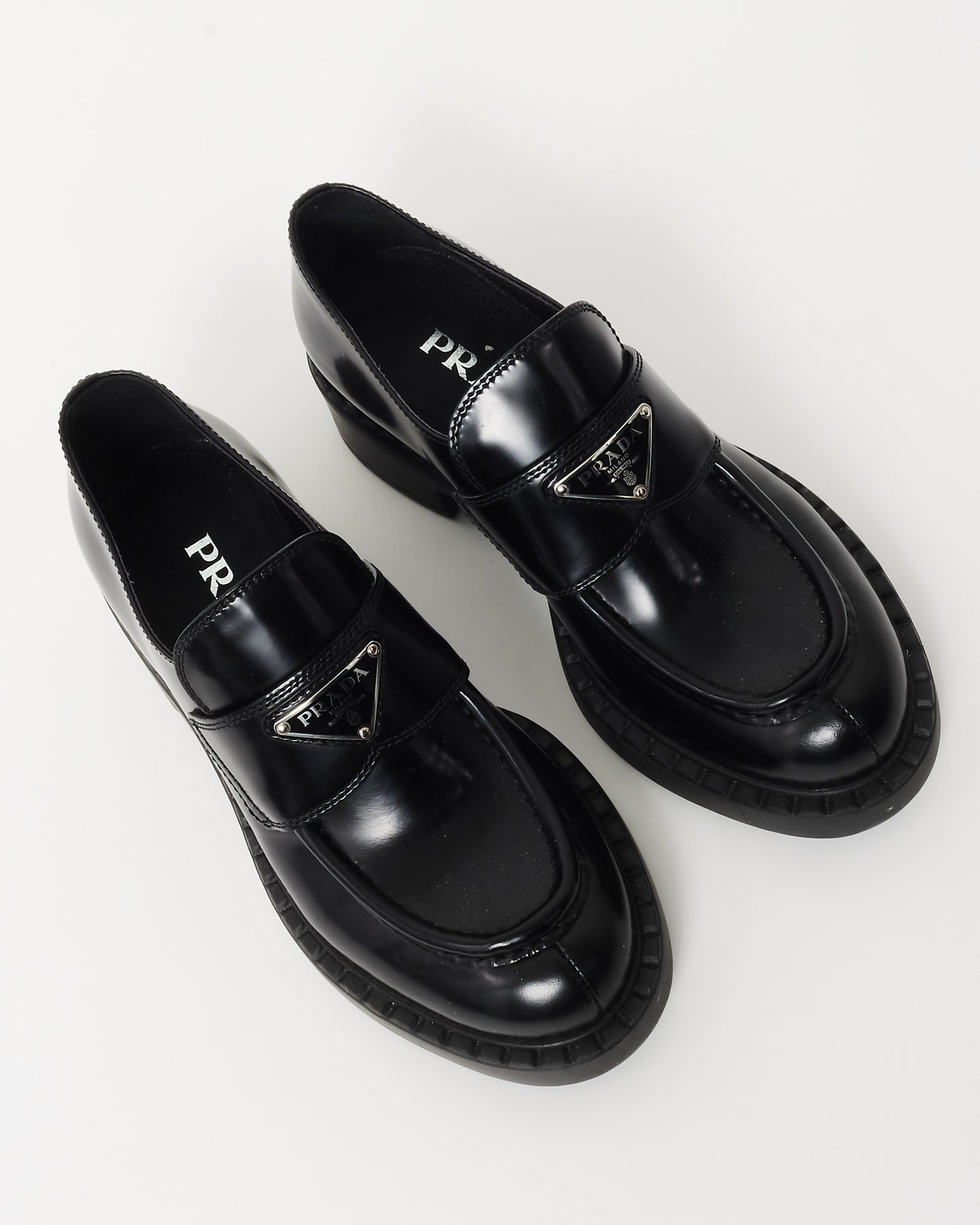 Prada Black Brushed Leather Chocolate Loafers - 36