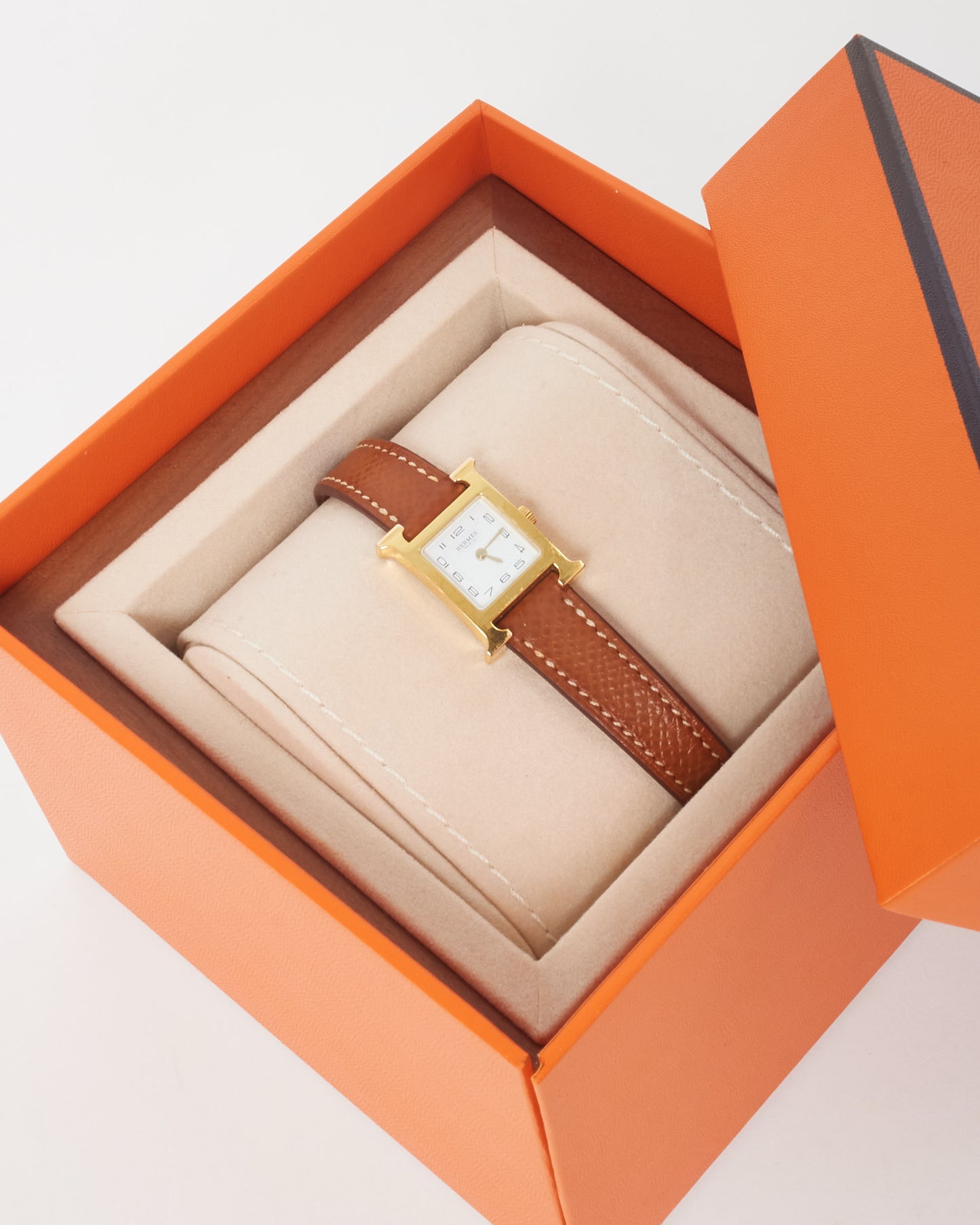 Hermès Gold Epsom Leather 18K Yellow Gold-Plated Heure H 21 mm Watch (Mini Model)