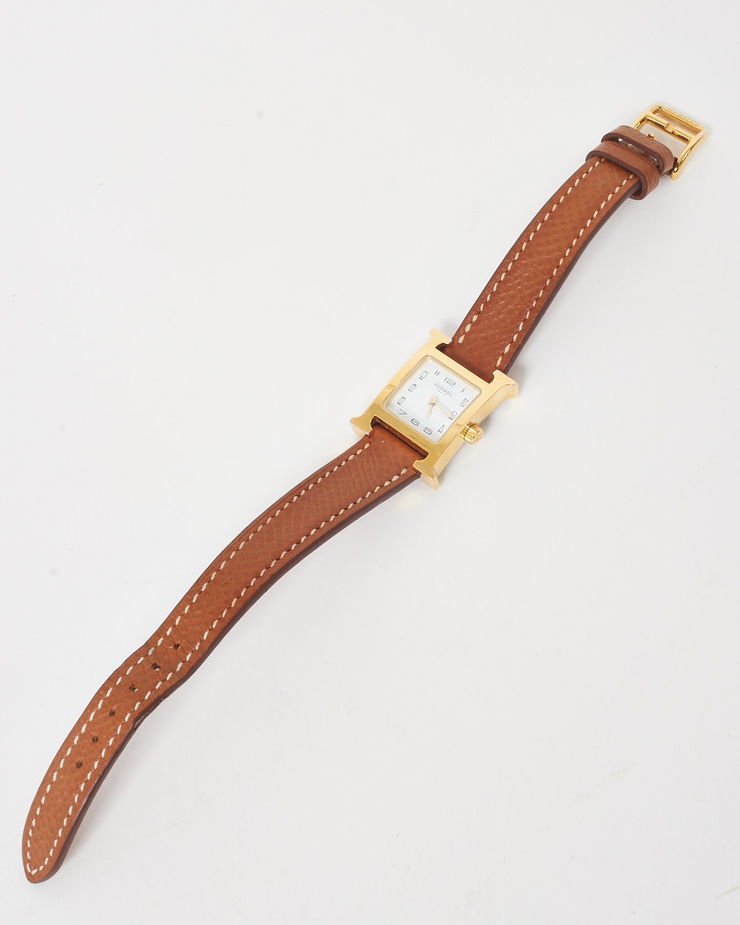 Hermès Gold Epsom Leather 18K Yellow Gold-Plated Heure H 21 mm Watch (Mini Model)