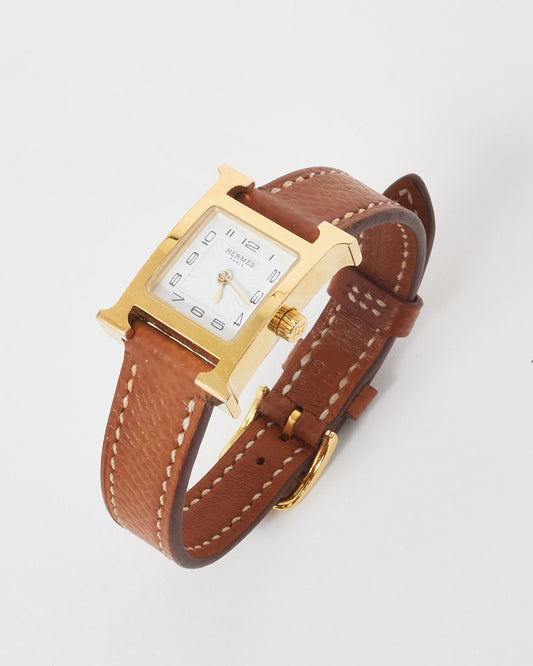 Hermès Gold Epsom Leather 18K Yellow Gold-Plated Heure H 21 mm Watch (Mini Model)