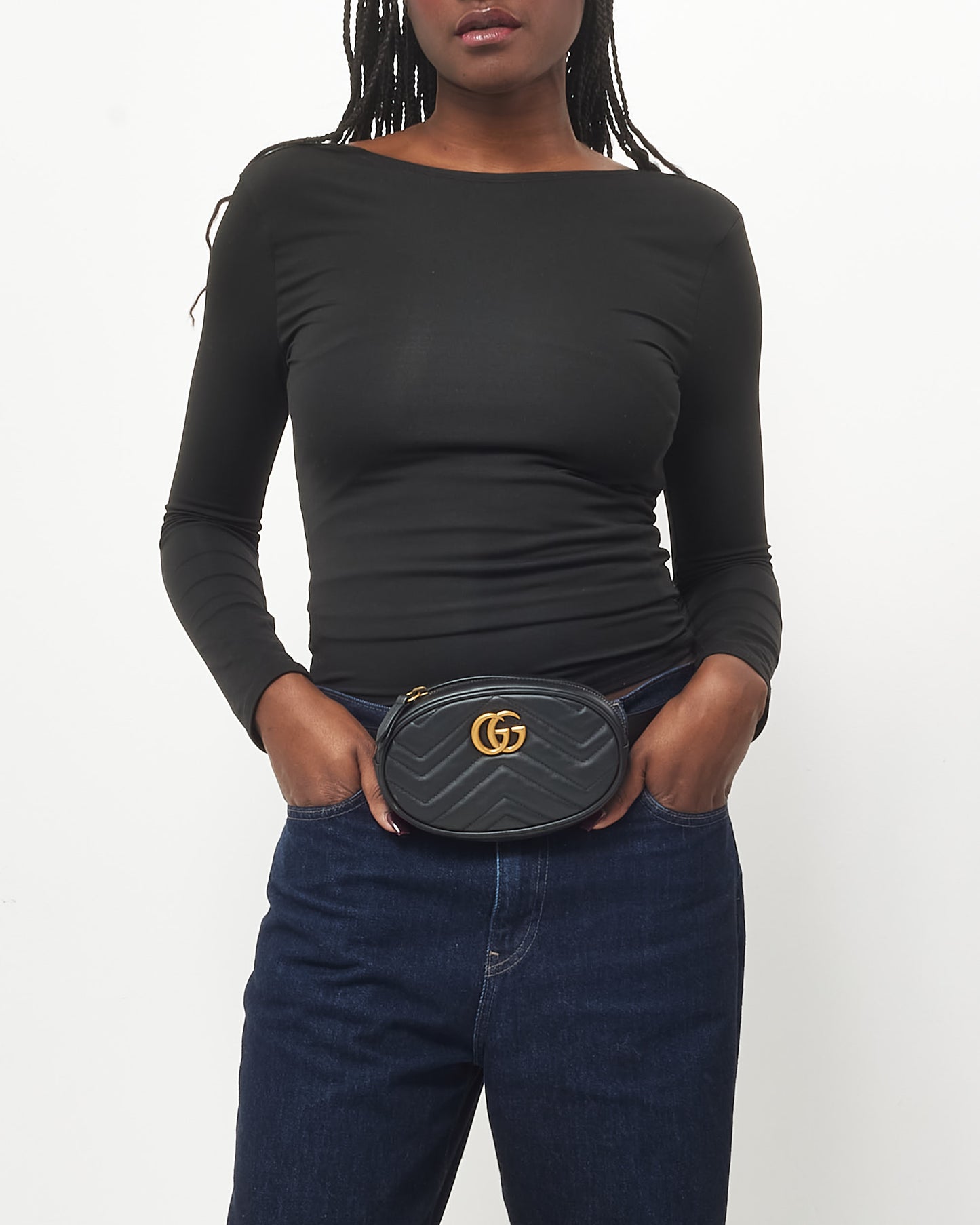 Gucci Black Chevron Leather GG Marmont Belt Bag - 85/34