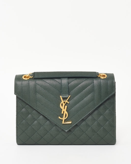 Saint Laurent Green Quilted Embossed Leather Medium YSL Logo Envelope Flap Bag